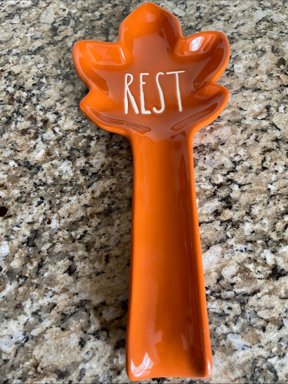 Magenta Rae Dunn Orange Leaf Spoon Rest with White Lettering